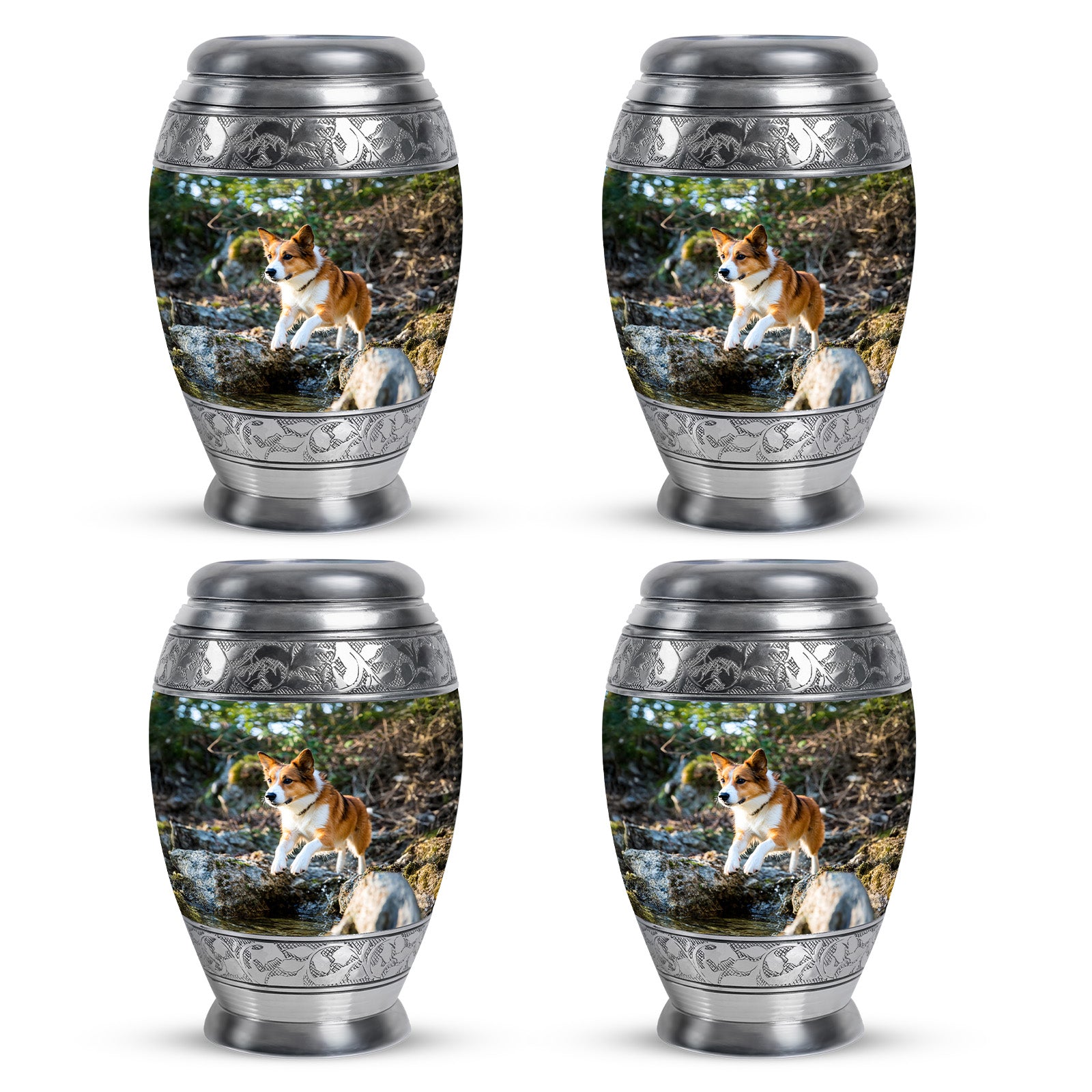 Forest Green Dog Cremation Urn urn with complimentary velvet bag - majestic dog pattern with filigree border - 10 inch aluminum urn for cremated remains