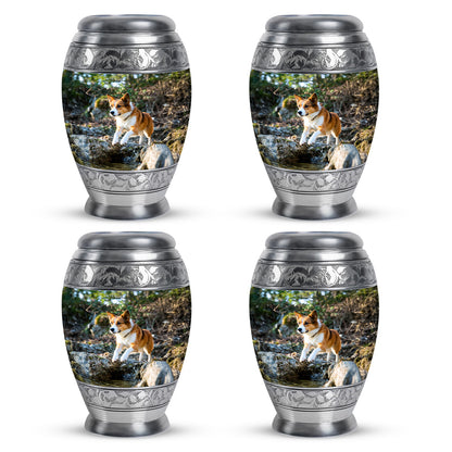 Forest Green Dog Cremation Urn urn with complimentary velvet bag - majestic dog pattern with filigree border - 10 inch aluminum urn for cremated remains