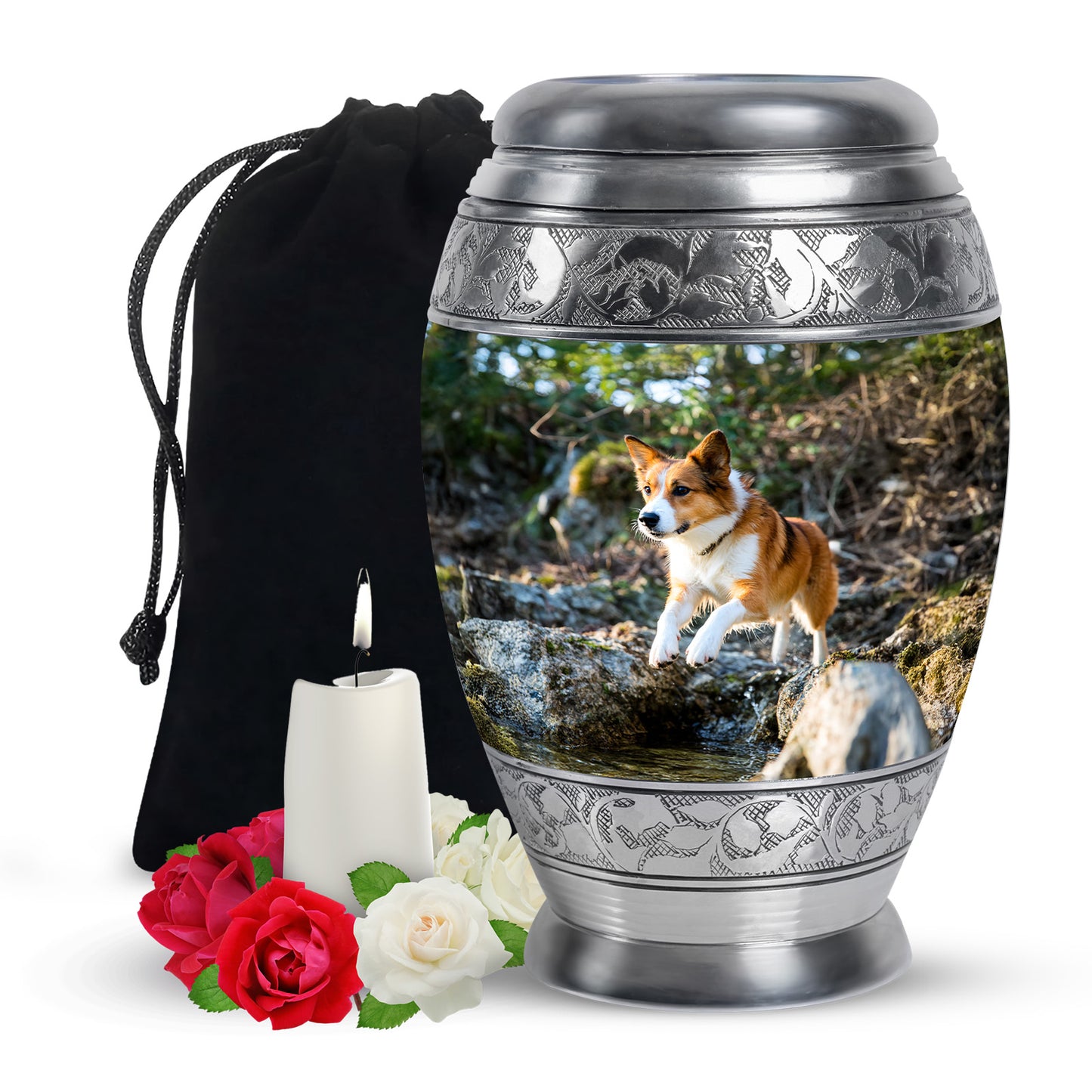 Emerald Green Dog Cremation Urn back view with polished surface - ornate monarch-style dog relief on brushed aluminum - full-size 10 inch 200 cubic inch adult cremation urn