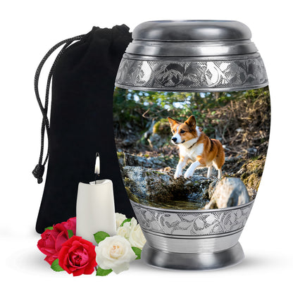 Emerald Green Dog Cremation Urn back view with polished surface - ornate monarch-style dog relief on brushed aluminum - full-size 10 inch 200 cubic inch adult cremation urn