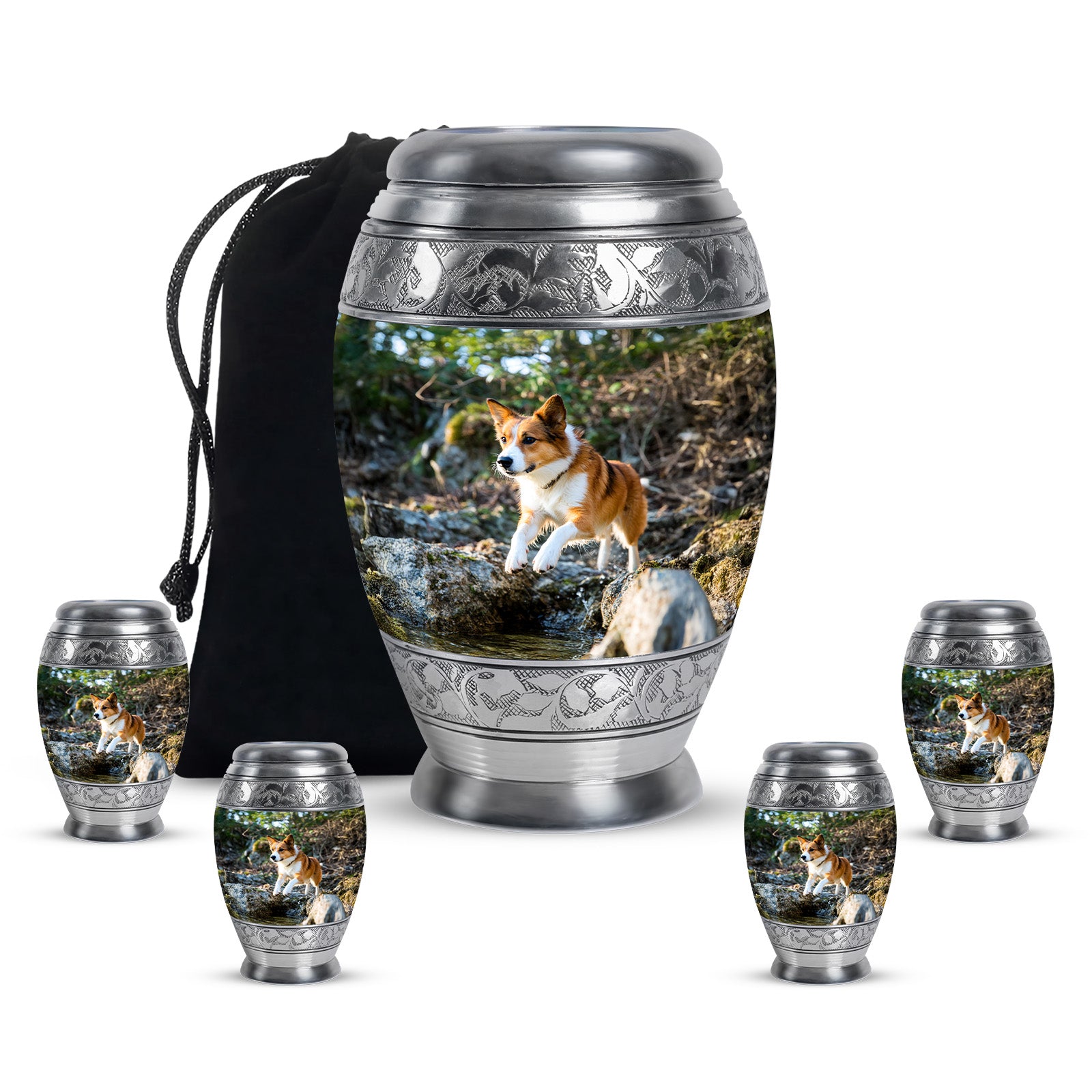 Verdant Green Dog Cremation Urn detail view - ornate monarch-style dog relief on brushed aluminum - memorial set with one large and four small urns