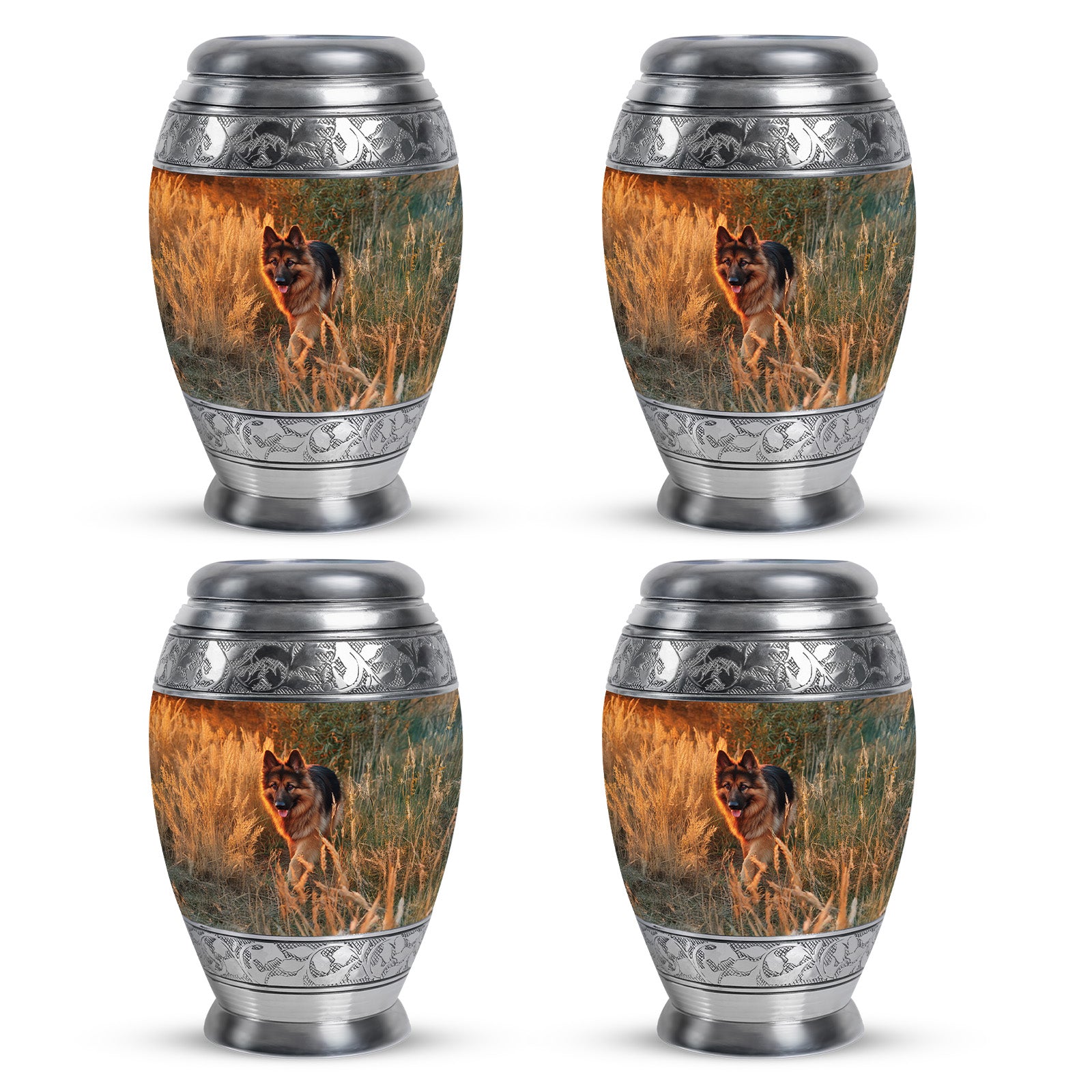 Champagne Gold Dog Cremation Urn urn with complimentary velvet bag - ornate monarch-style dog relief on brushed aluminum - 10 inch aluminum urn for cremated remains