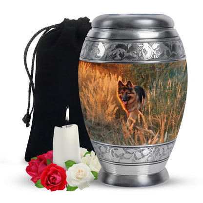 Amber Gold Dog Cremation Urn back view with polished surface - regal dog design with crown-inspired accents - full-size 10 inch 200 cubic inch adult cremation urn