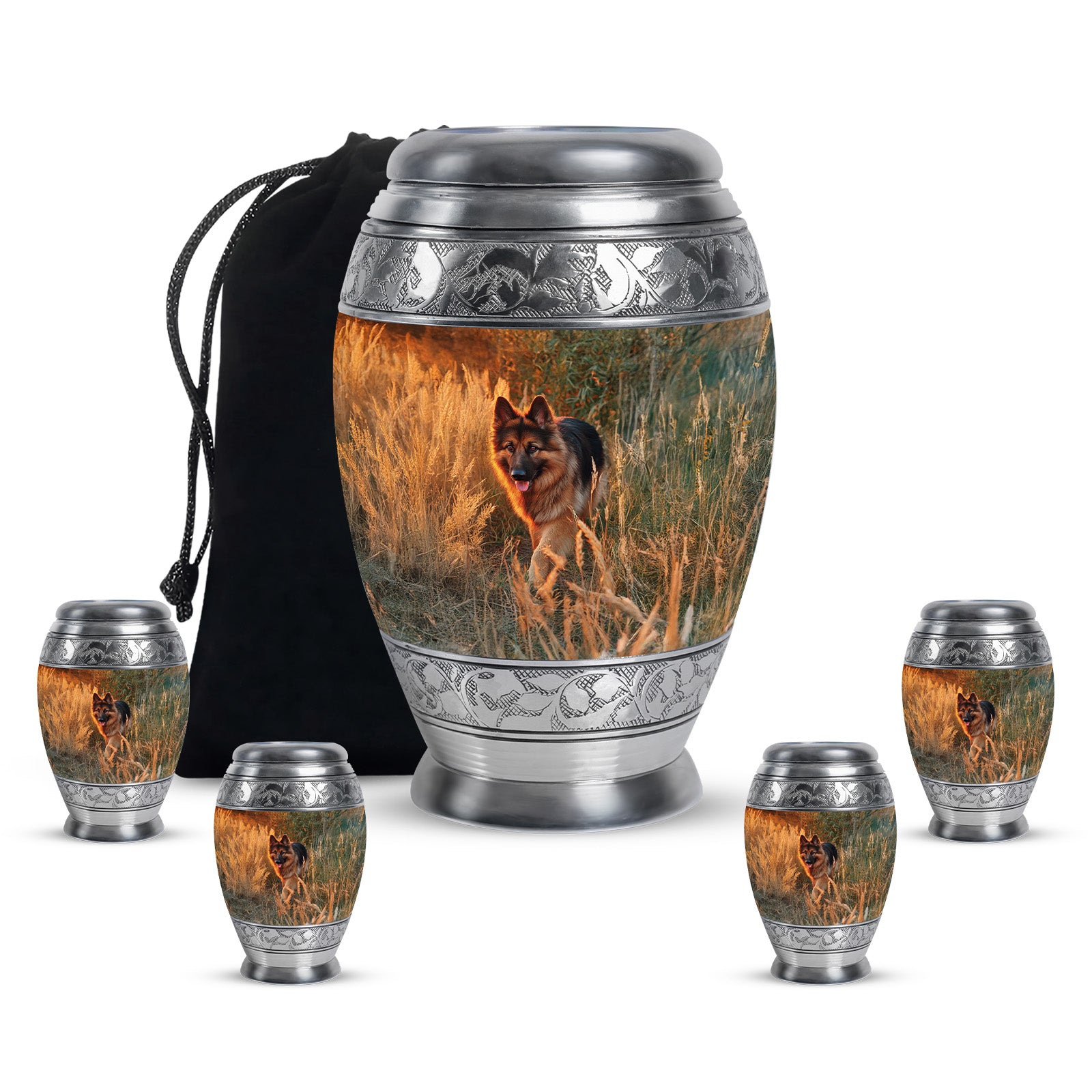 Warm Gold Dog Cremation Urn detail view - majestic dog pattern with filigree border - memorial set with one large and four small urns