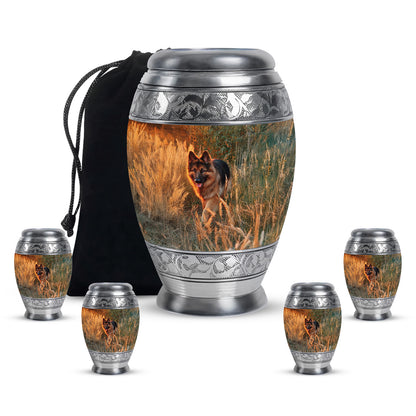 Warm Gold Dog Cremation Urn detail view - majestic dog pattern with filigree border - memorial set with one large and four small urns