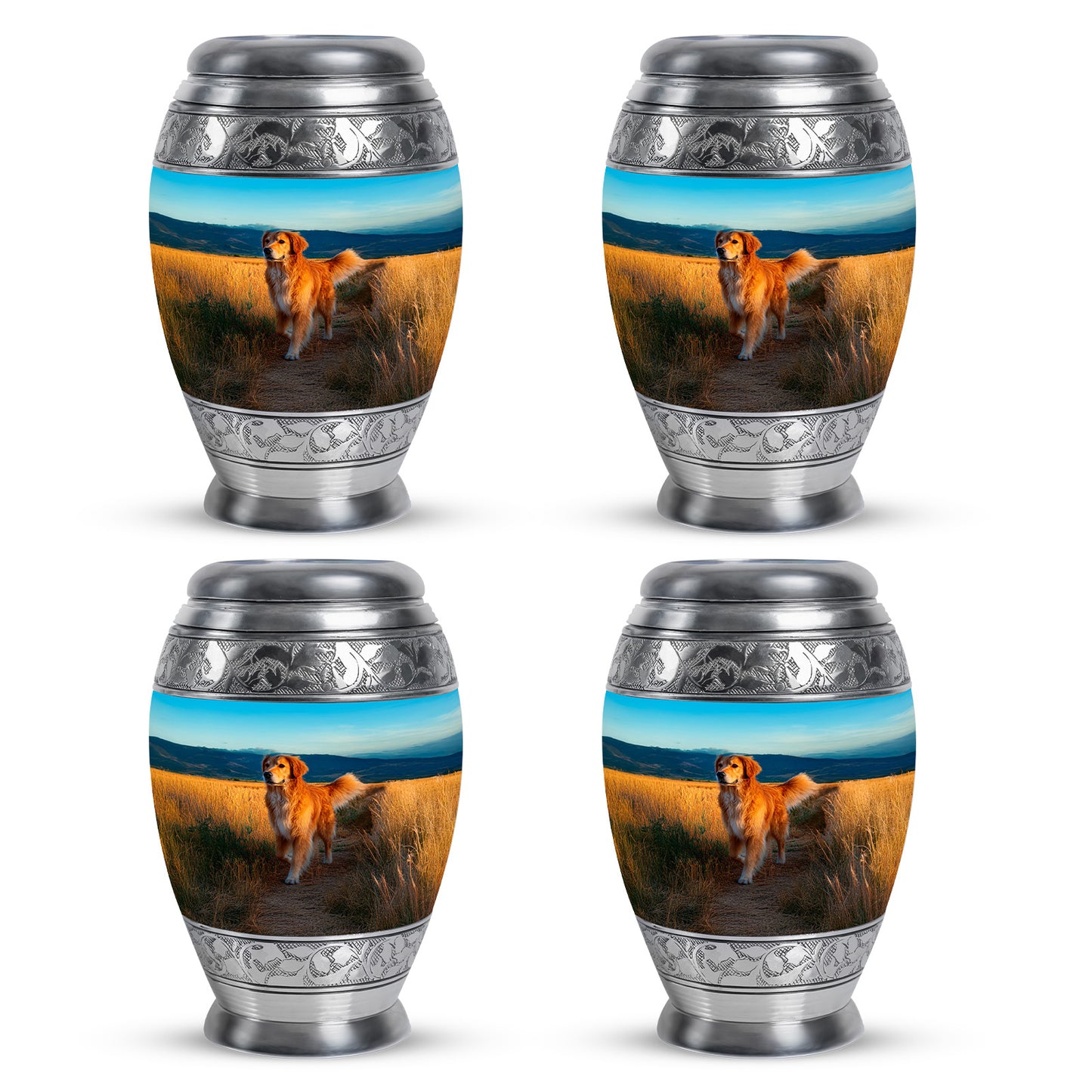 Mystic Teal Dog Cremation Urn urn with complimentary velvet bag - majestic dog pattern with filigree border - 10 inch aluminum urn for cremated remains