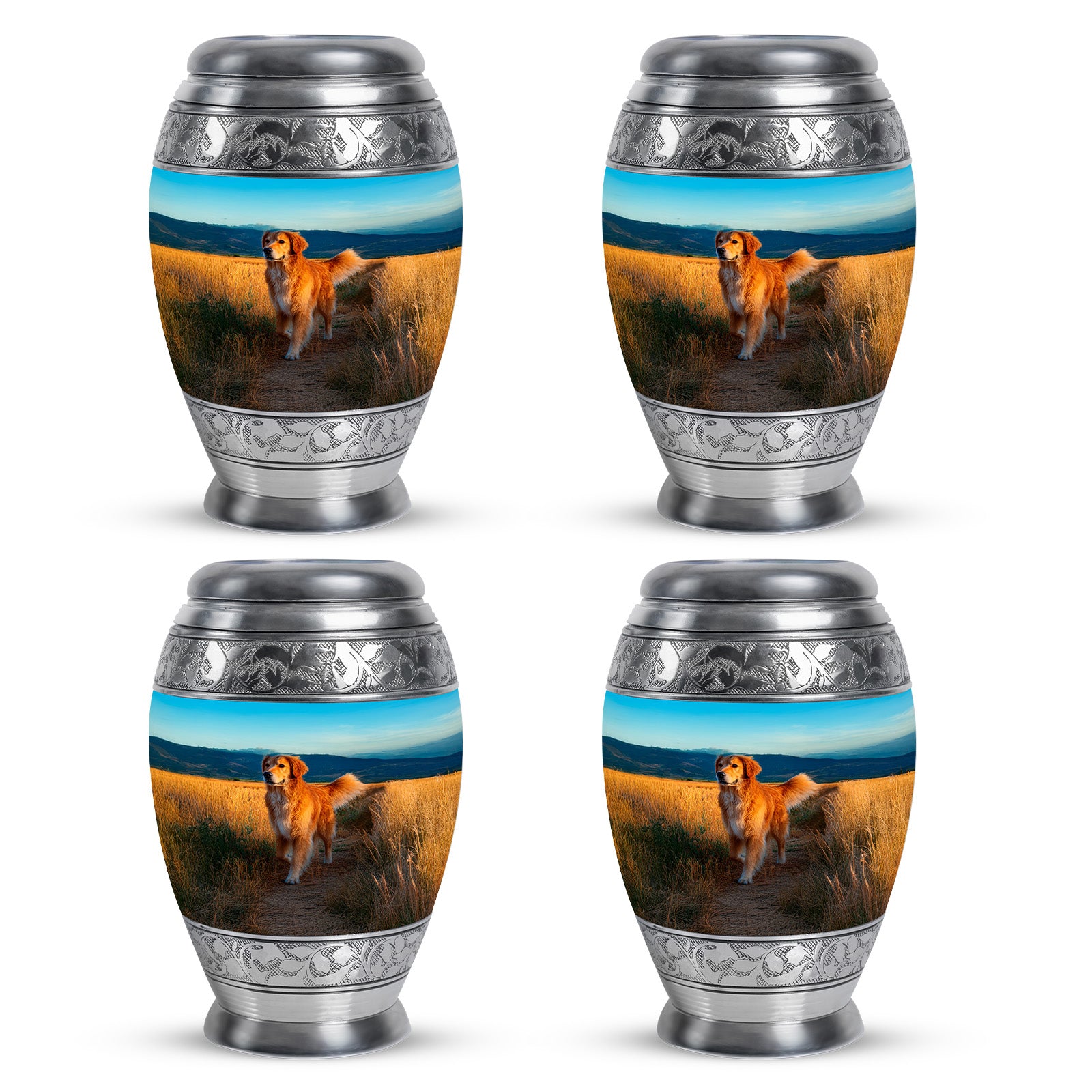 Mystic Teal Dog Cremation Urn urn with complimentary velvet bag - majestic dog pattern with filigree border - 10 inch aluminum urn for cremated remains