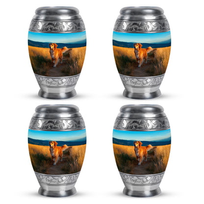 Mystic Teal Dog Cremation Urn urn with complimentary velvet bag - majestic dog pattern with filigree border - 10 inch aluminum urn for cremated remains