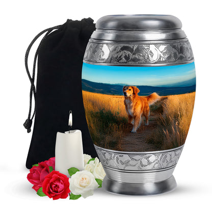 Jewel Teal Dog Cremation Urn back view with polished surface - ornate monarch-style dog relief on brushed aluminum - full-size 10 inch 200 cubic inch adult cremation urn