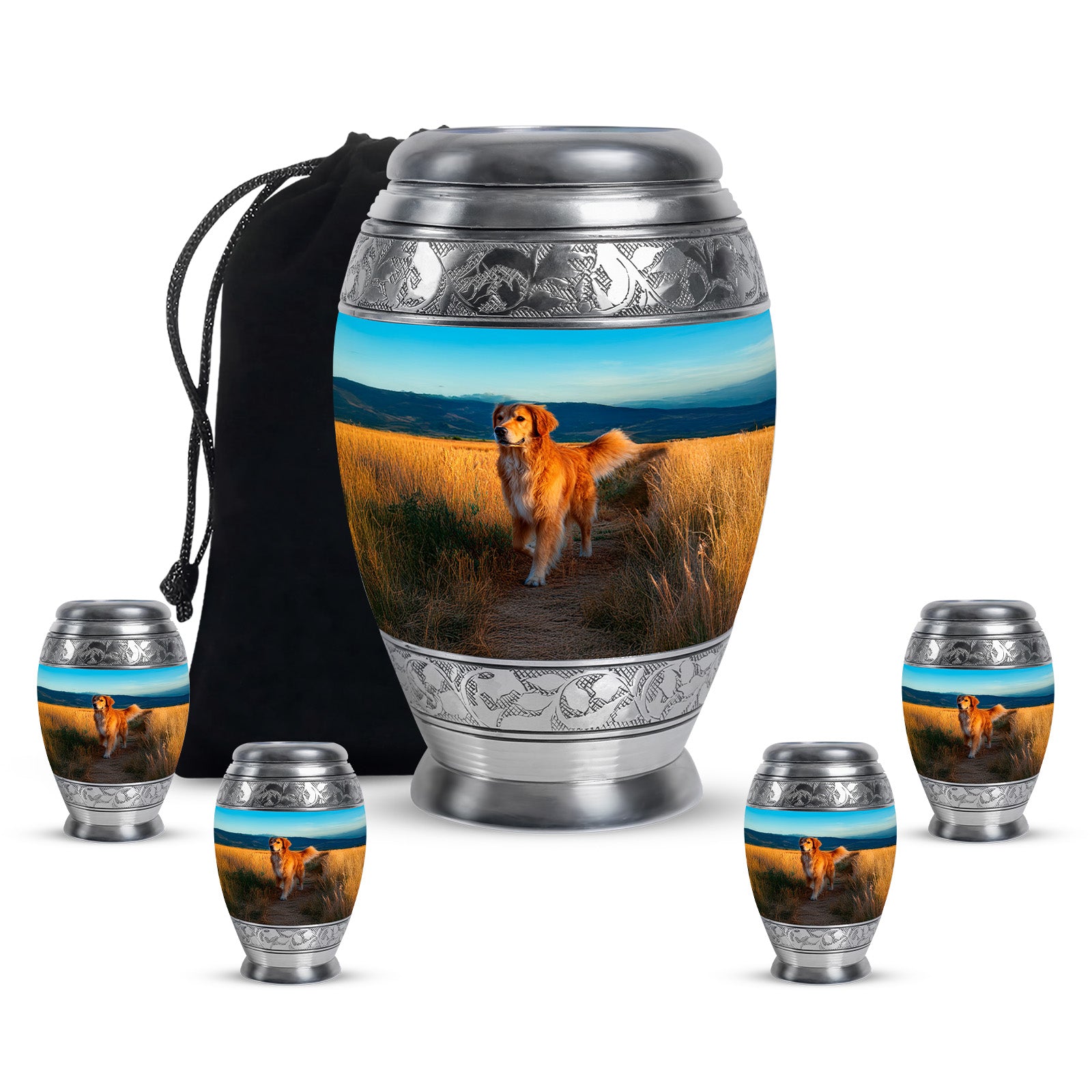 Ocean Teal Dog Cremation Urn detail view - ornate monarch-style dog relief on brushed aluminum - memorial set with one large and four small urns