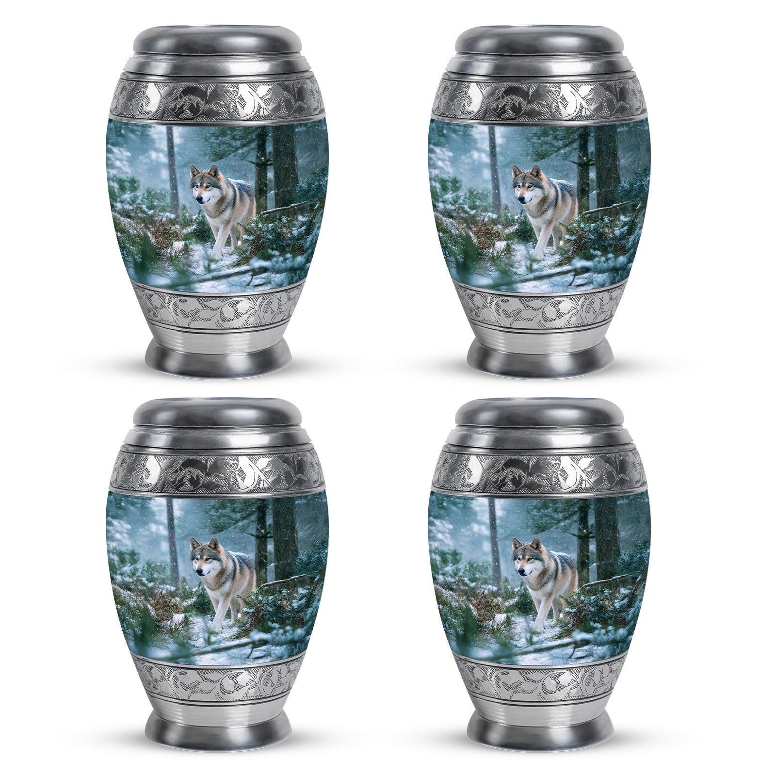 Steel Blue Dog Cremation Urn urn with complimentary velvet bag - majestic dog pattern with filigree border - 10 inch aluminum urn for cremated remains