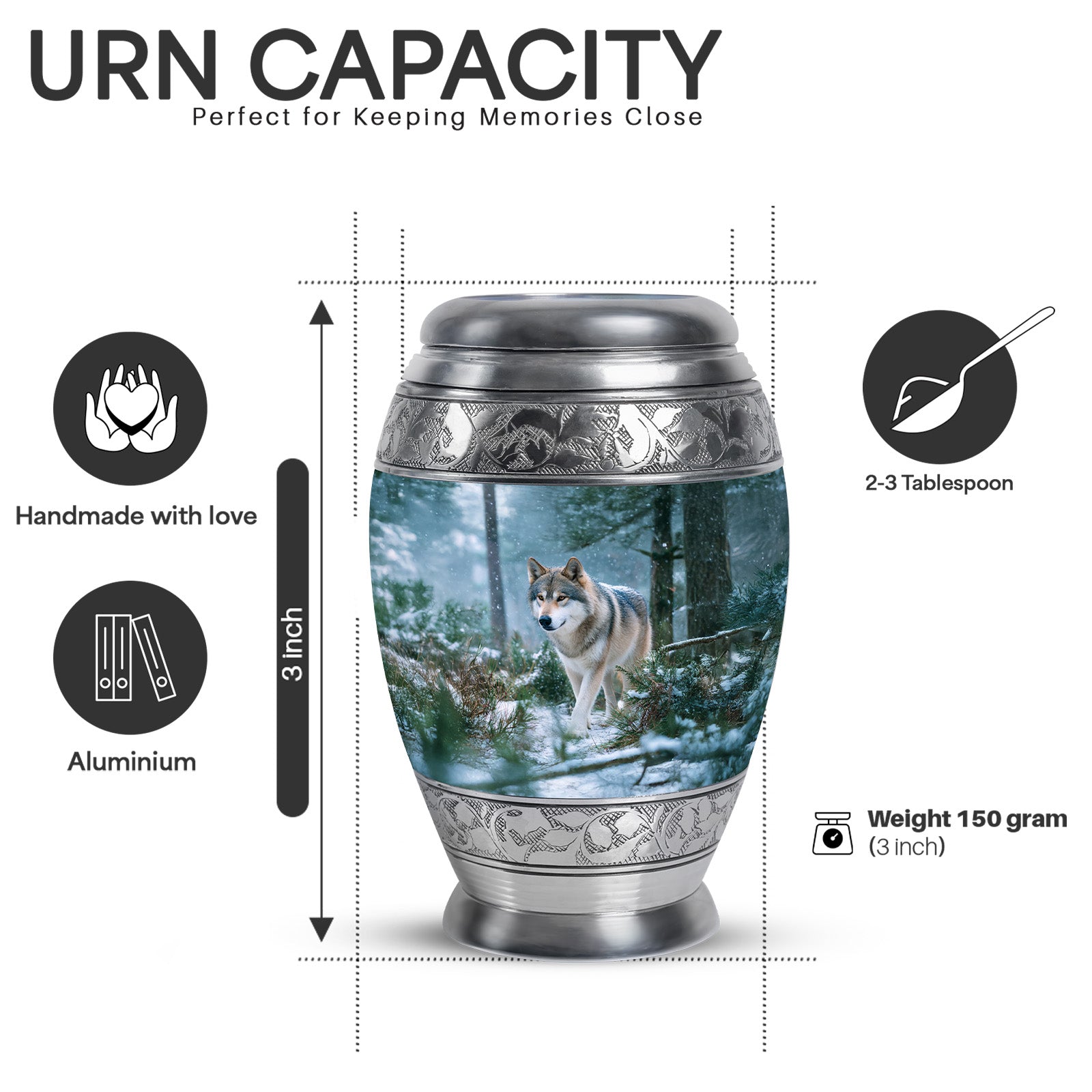 Steel Blue Dog Cremation Urn lifestyle display on memorial shelf - royal dog engraving with decorative scrollwork - mini keepsake memorial for portion of cremation ashes