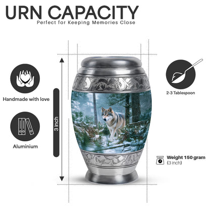 Steel Blue Dog Cremation Urn lifestyle display on memorial shelf - royal dog engraving with decorative scrollwork - mini keepsake memorial for portion of cremation ashes