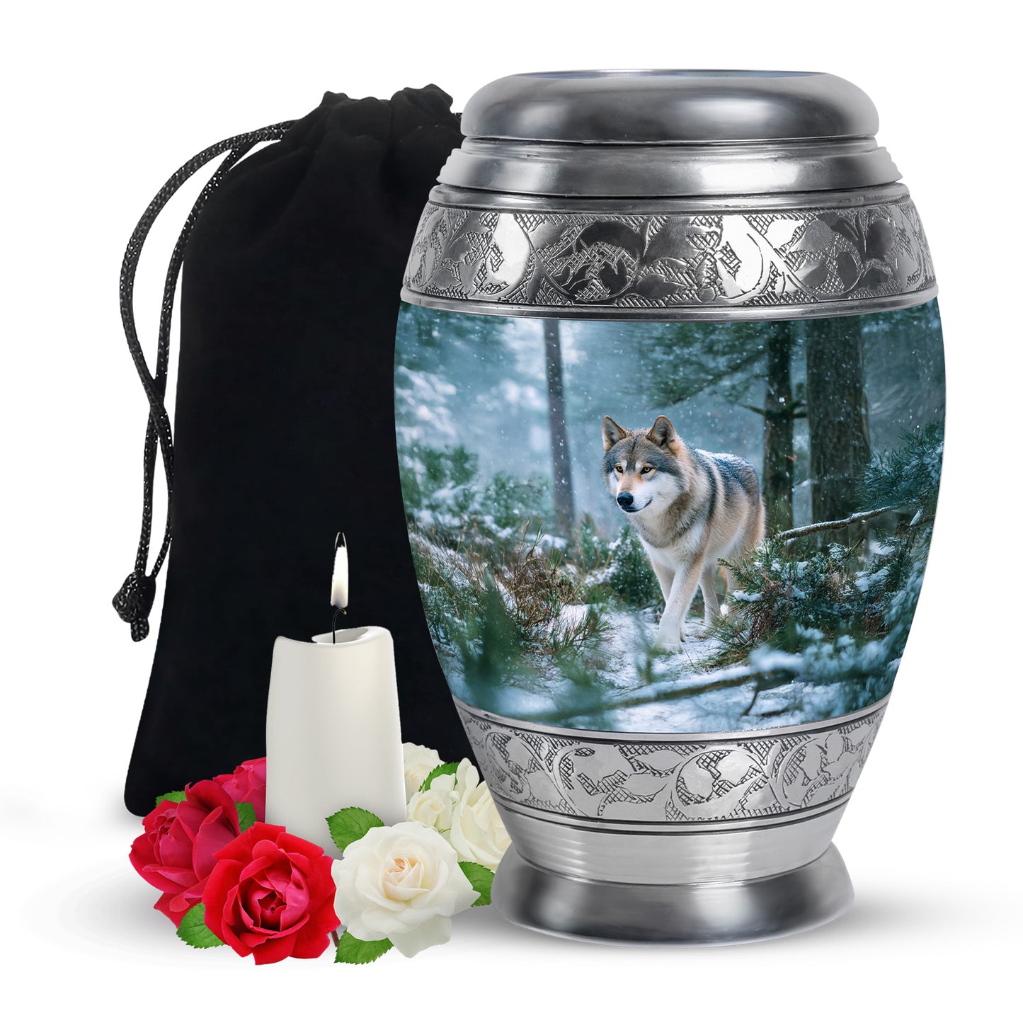 Soft Blue Dog Cremation Urn back view with polished surface - royal dog engraving with decorative scrollwork - full-size 10 inch 200 cubic inch adult cremation urn