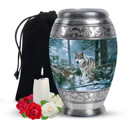 Soft Blue Dog Cremation Urn back view with polished surface - royal dog engraving with decorative scrollwork - full-size 10 inch 200 cubic inch adult cremation urn