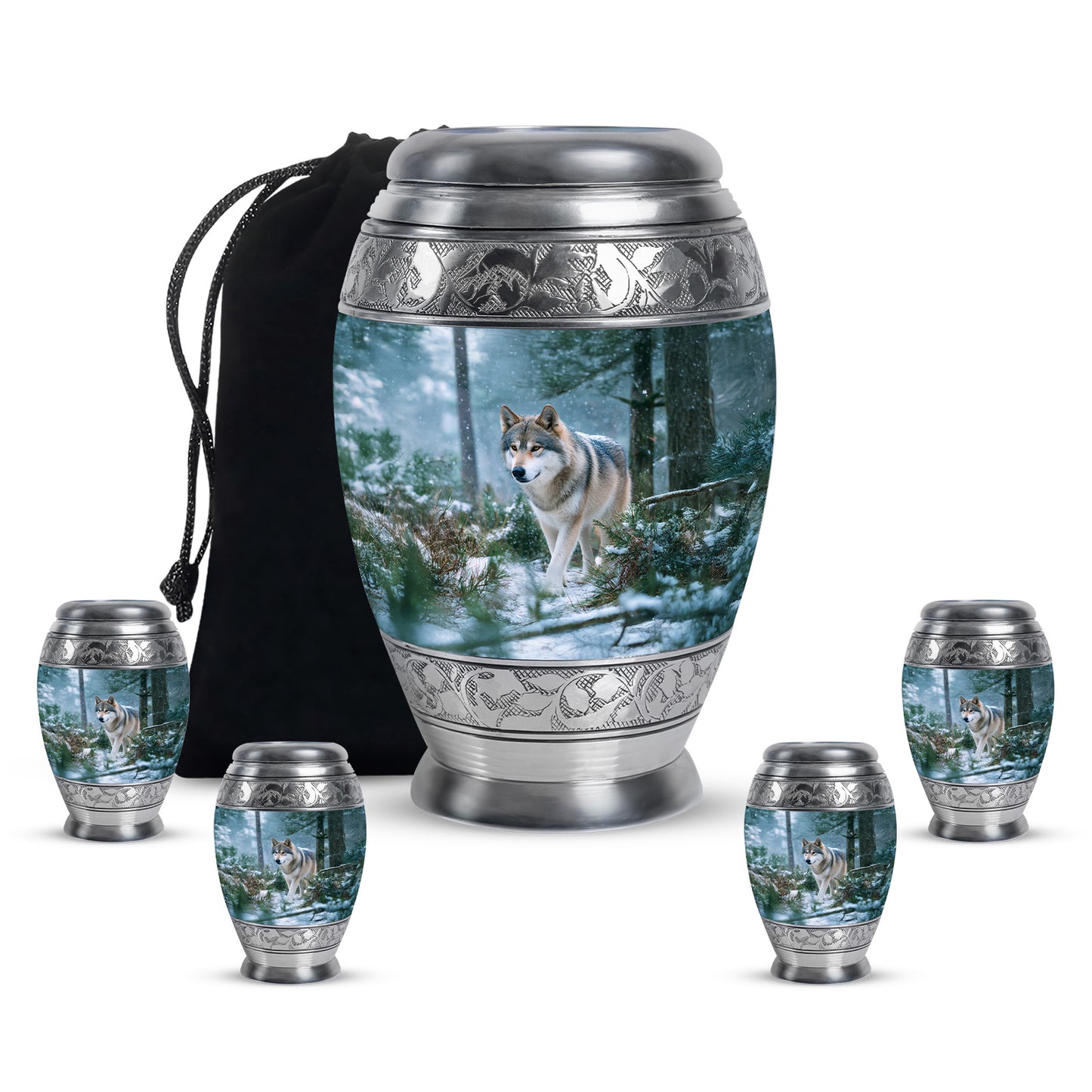 Azure Dog Cremation Urn detail view - regal dog design with crown-inspired accents - memorial set with one large and four small urns