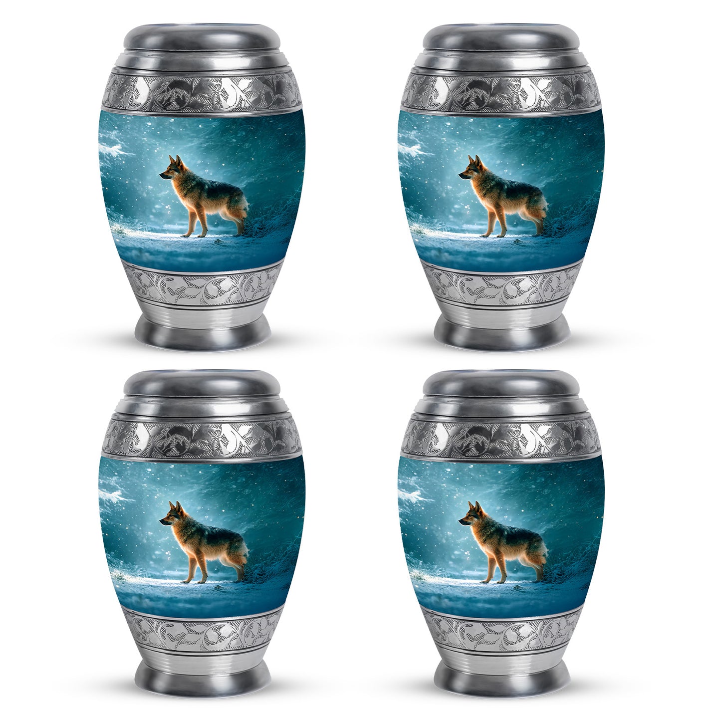 Sea Green Teal Dog Cremation Urn urn with complimentary velvet bag - regal dog design with crown-inspired accents - 10 inch aluminum urn for cremated remains