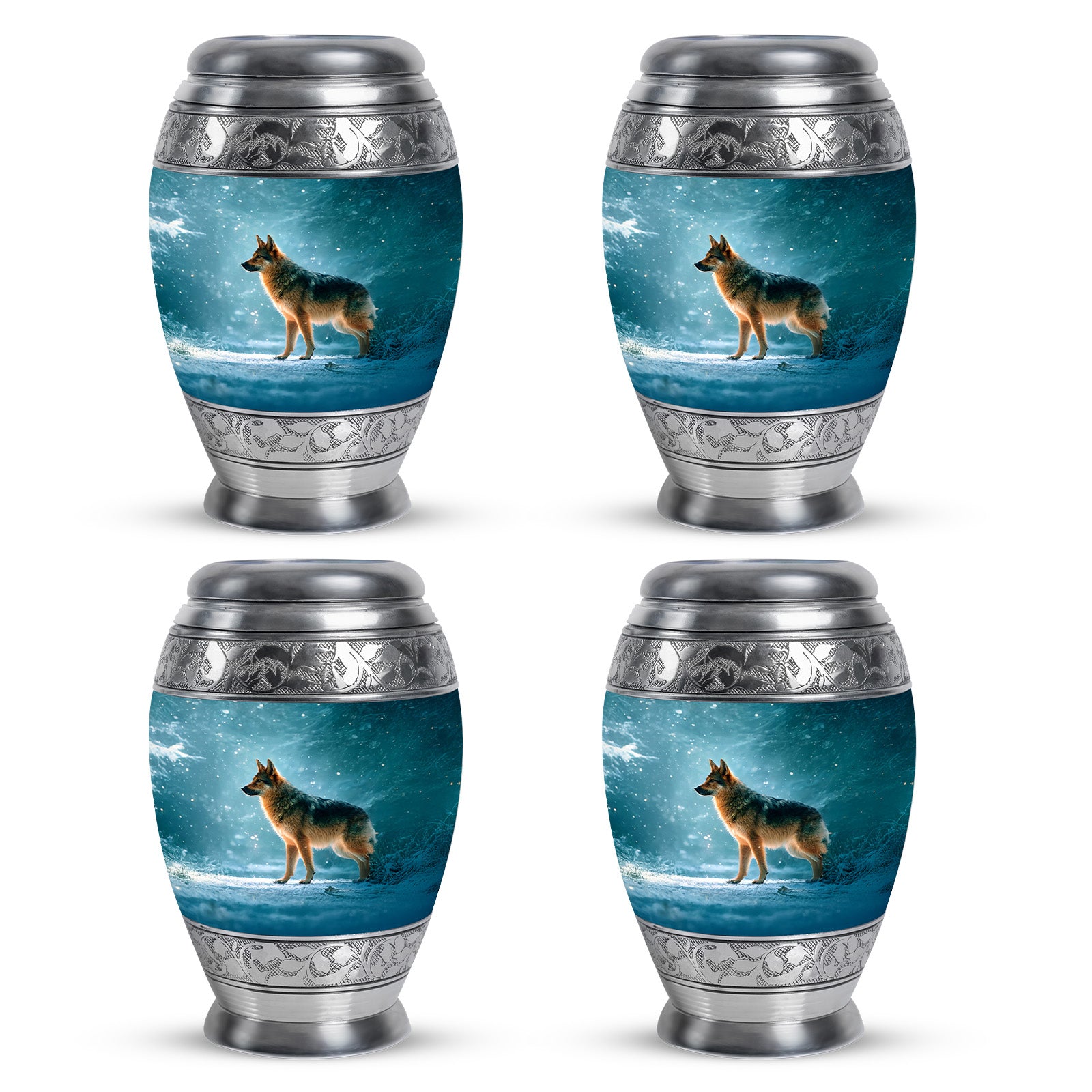 Sea Green Teal Dog Cremation Urn urn with complimentary velvet bag - regal dog design with crown-inspired accents - 10 inch aluminum urn for cremated remains
