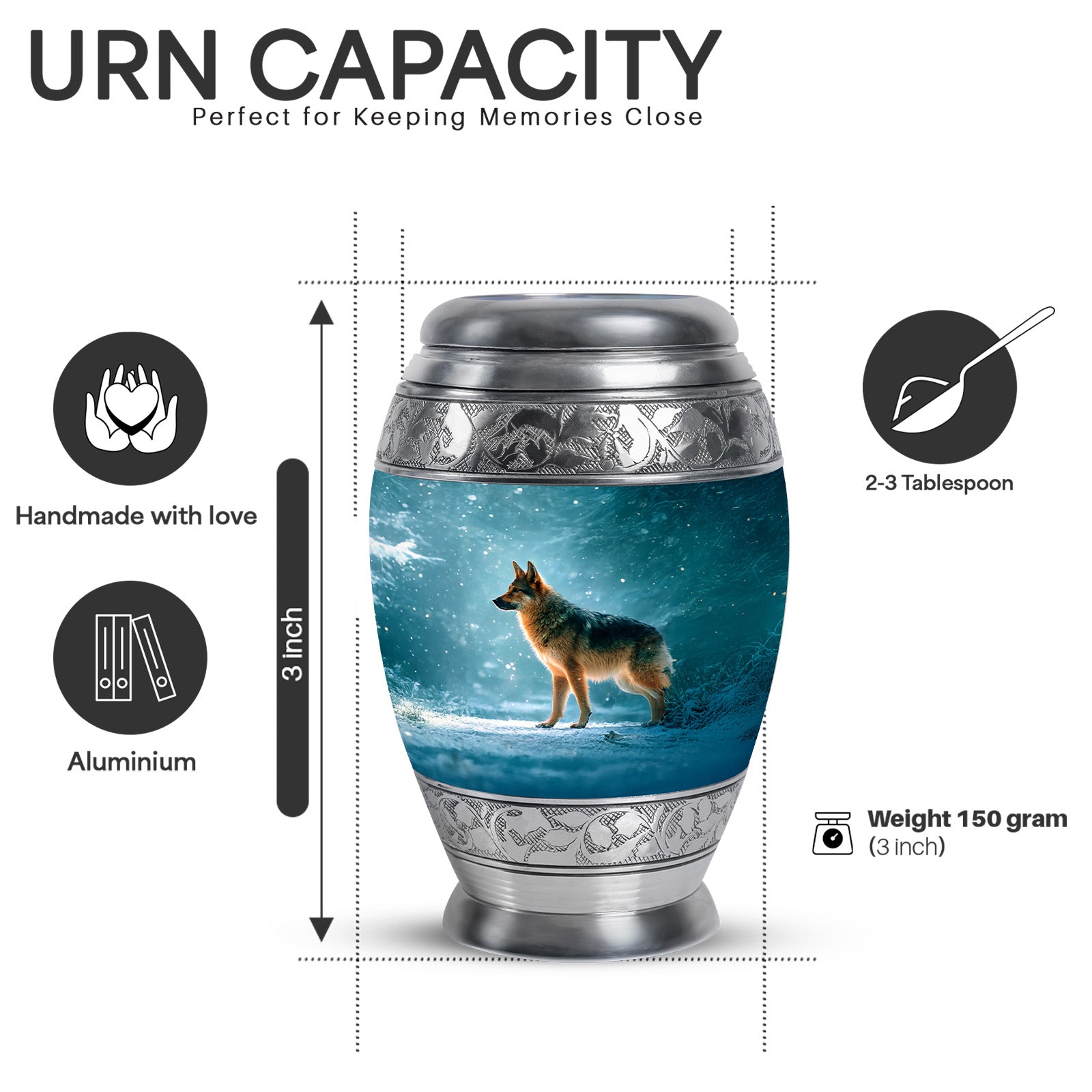 Cool Teal Dog Cremation Urn lifestyle display on memorial shelf - ornate monarch-style dog relief on brushed aluminum - mini keepsake memorial for portion of cremation ashes