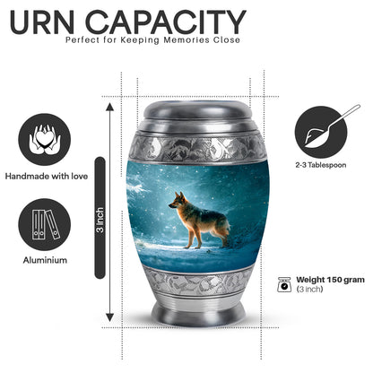 Cool Teal Dog Cremation Urn lifestyle display on memorial shelf - ornate monarch-style dog relief on brushed aluminum - mini keepsake memorial for portion of cremation ashes