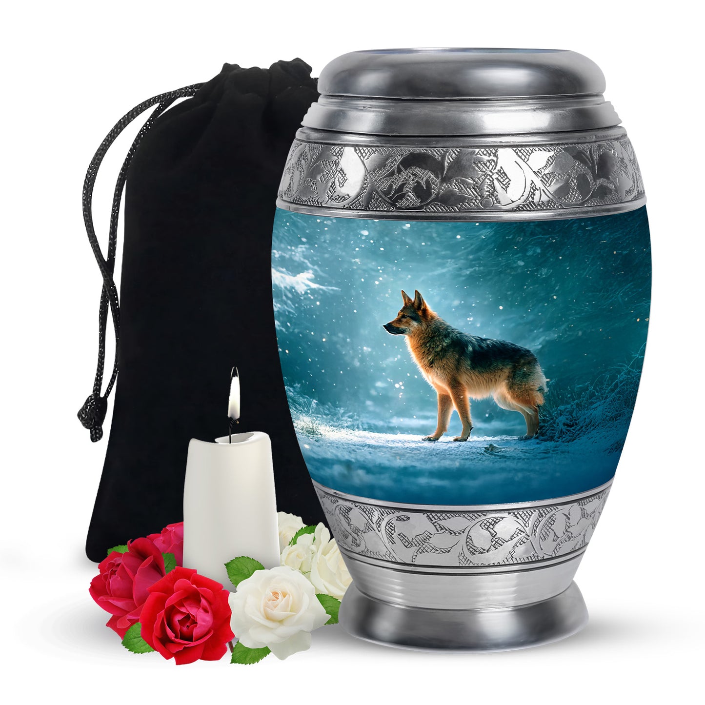 Aqua Teal Dog Cremation Urn back view with polished surface - royal dog engraving with decorative scrollwork - full-size 10 inch 200 cubic inch adult cremation urn