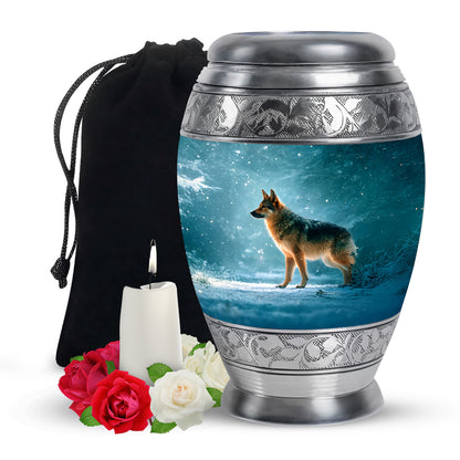 Aqua Teal Dog Cremation Urn back view with polished surface - royal dog engraving with decorative scrollwork - full-size 10 inch 200 cubic inch adult cremation urn