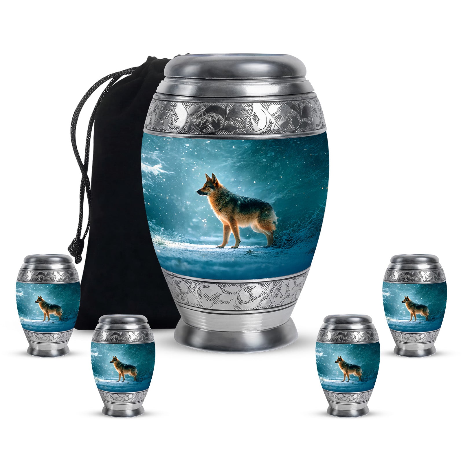 Deep Teal Dog Cremation Urn detail view - majestic dog pattern with filigree border - memorial set with one large and four small urns