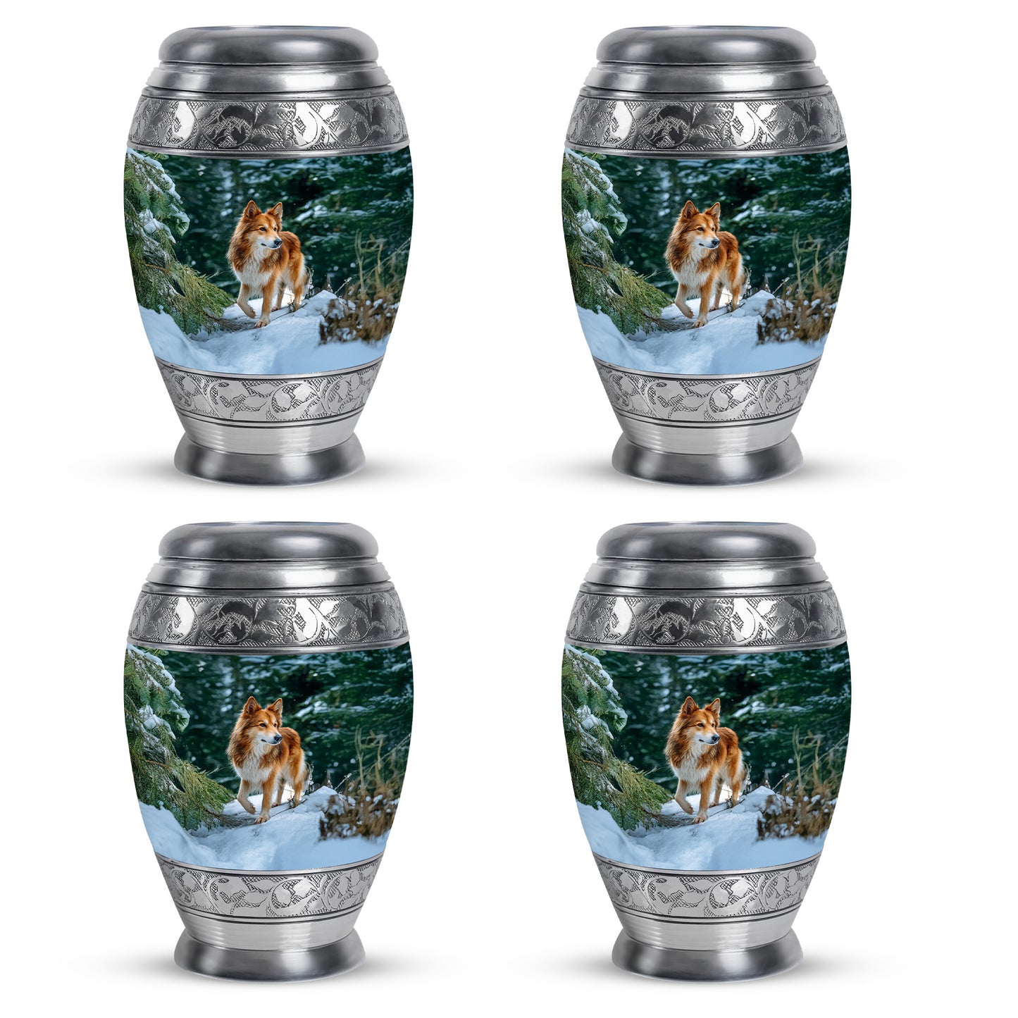 Tropical Teal Dog Cremation Urn urn with complimentary velvet bag - majestic dog pattern with filigree border - 10 inch aluminum urn for cremated remains