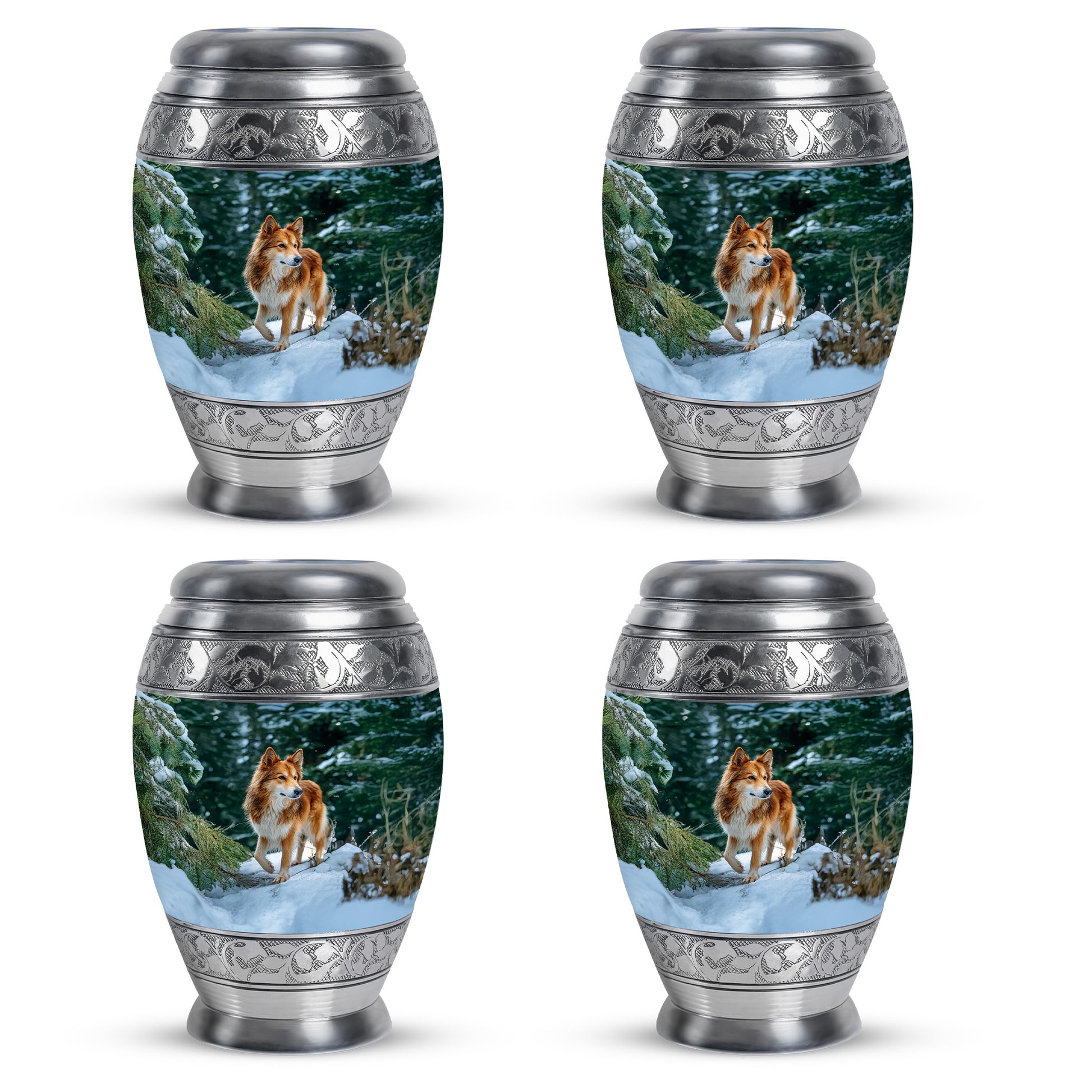 Tropical Teal Dog Cremation Urn urn with complimentary velvet bag - majestic dog pattern with filigree border - 10 inch aluminum urn for cremated remains