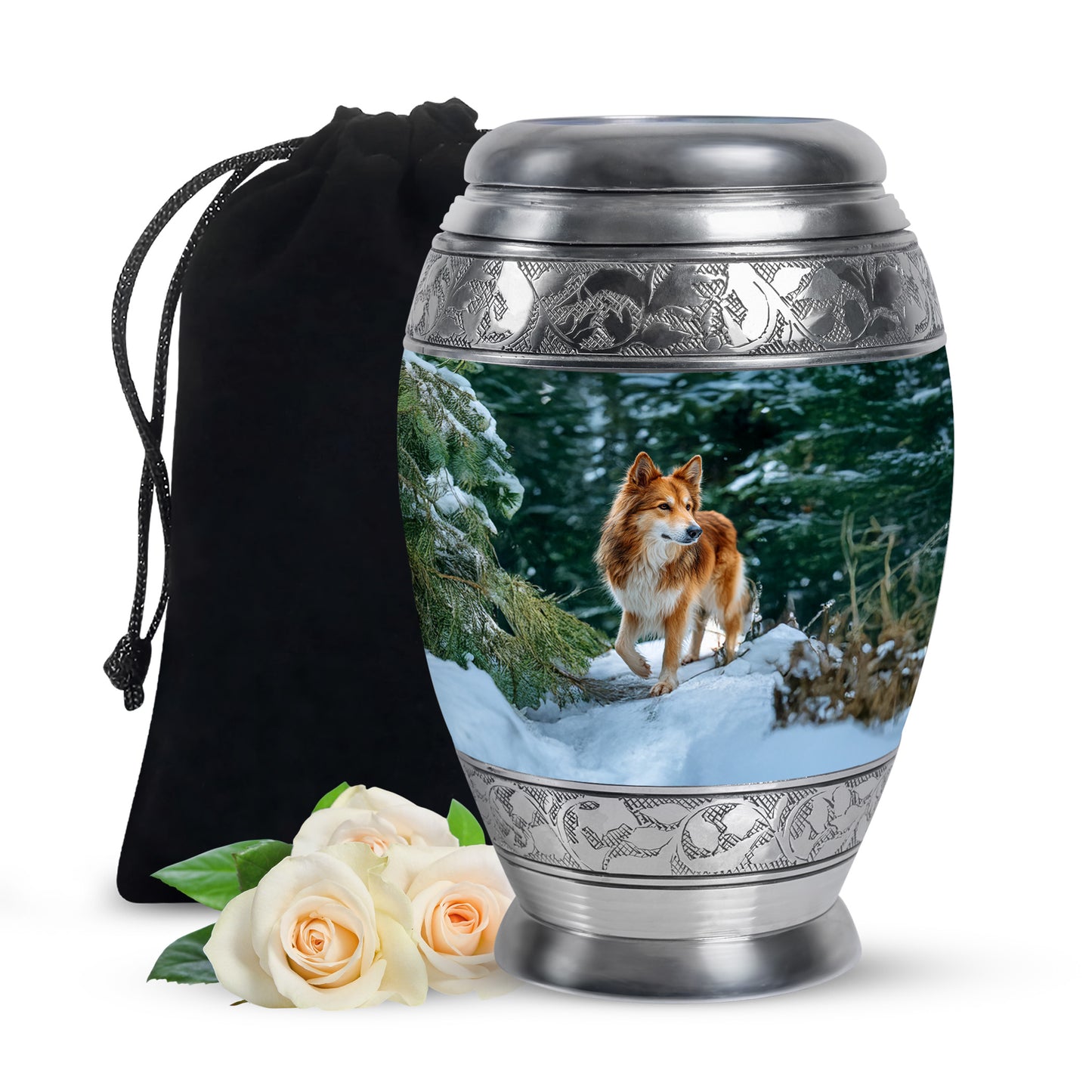 Soft Teal Dog Cremation Urn back view with polished surface - ornate monarch-style dog relief on brushed aluminum - full-size 10 inch 200 cubic inch adult cremation urn