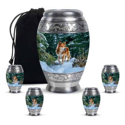 Jewel Teal Dog Cremation Urn detail view - regal dog design with crown-inspired accents - memorial set with one large and four small urns