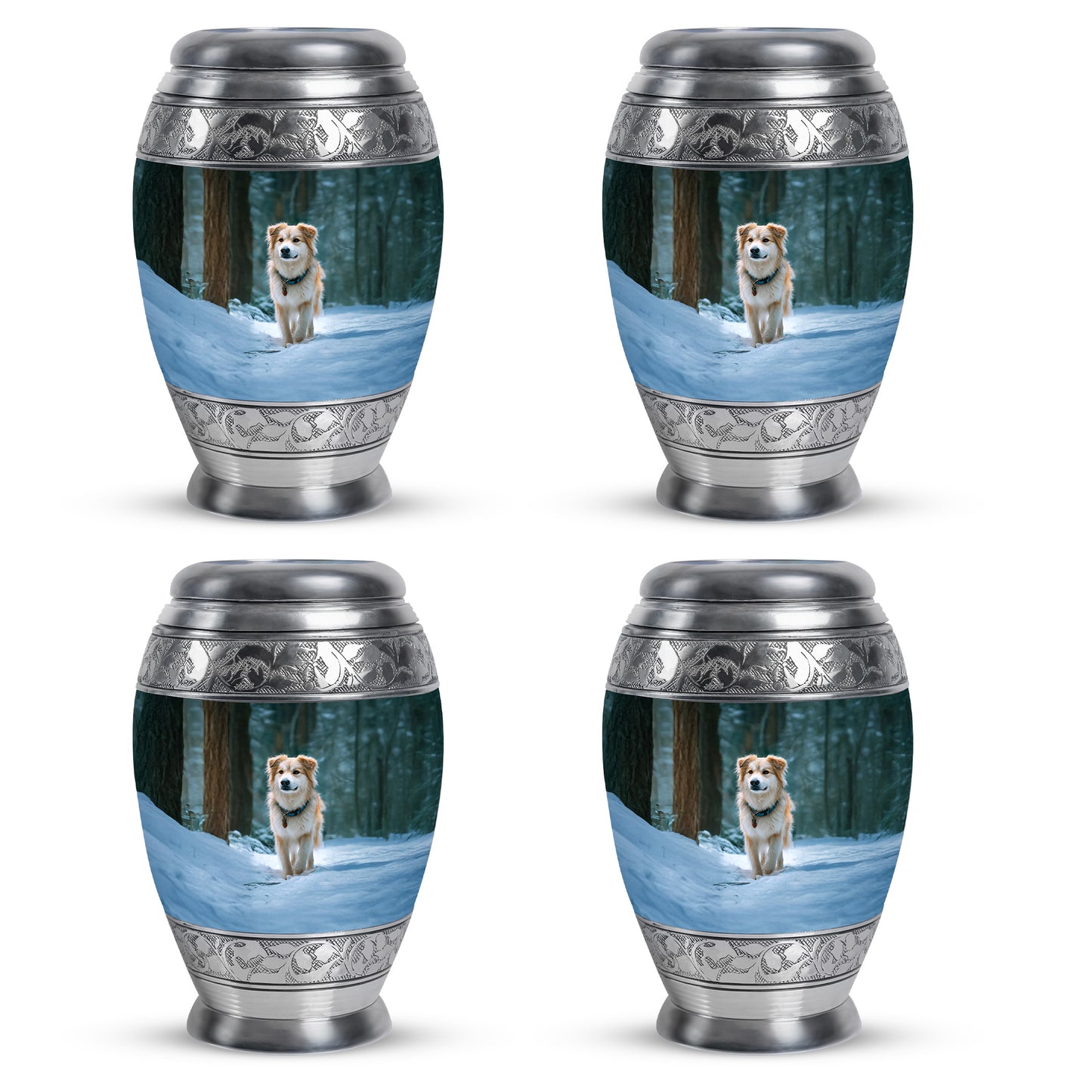 Mystic Teal Dog Cremation Urn urn with complimentary velvet bag - majestic dog pattern with filigree border - 10 inch aluminum urn for cremated remains