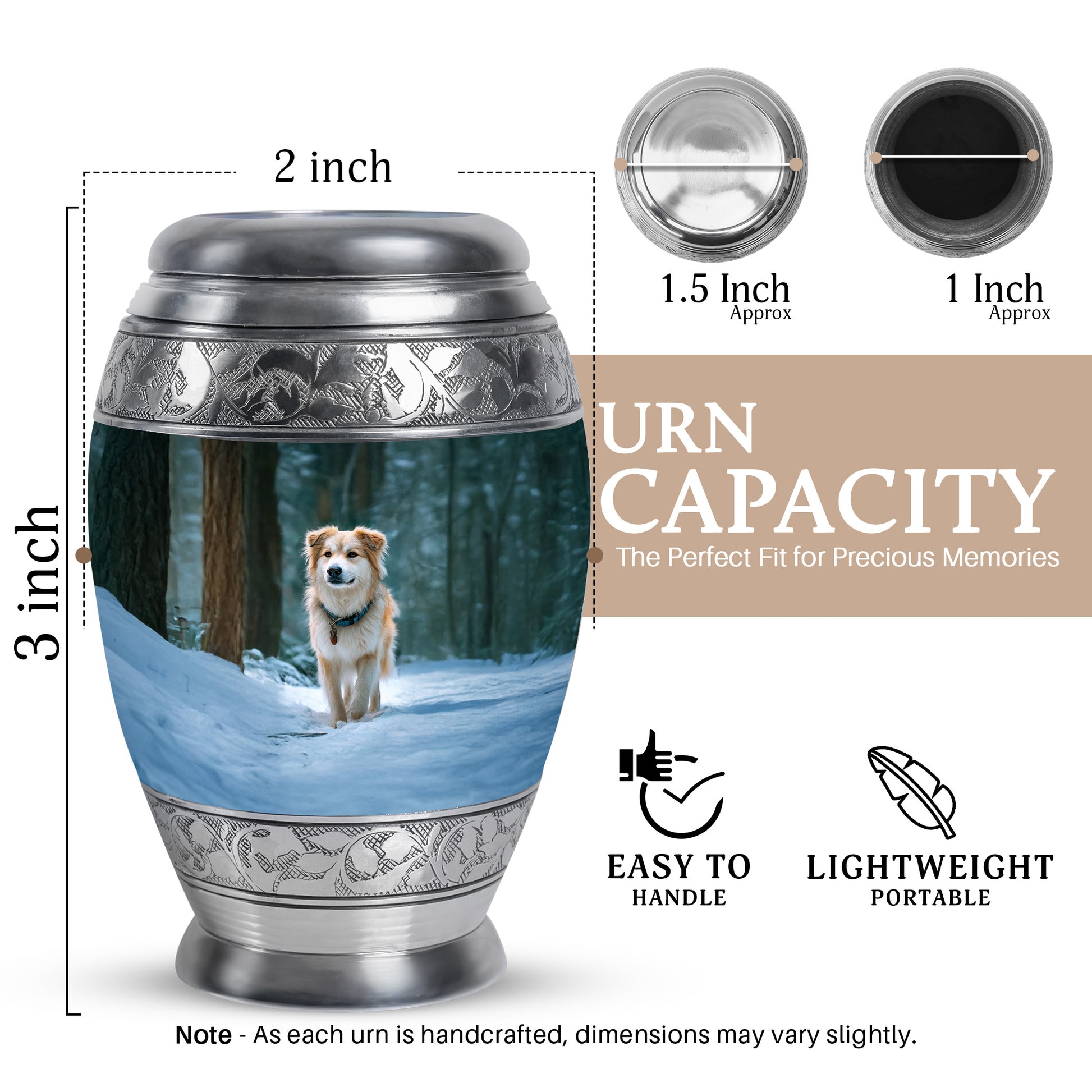 Tropical Teal Dog Cremation Urn lifestyle display on memorial shelf - majestic dog pattern with filigree border - mini keepsake memorial for portion of cremation ashes
