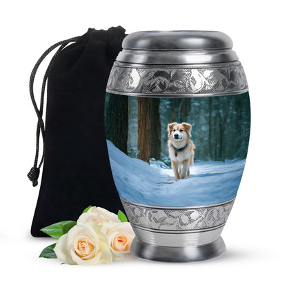 Tropical Teal Dog Cremation Urn back view with polished surface - royal dog engraving with decorative scrollwork - full-size 10 inch 200 cubic inch adult cremation urn