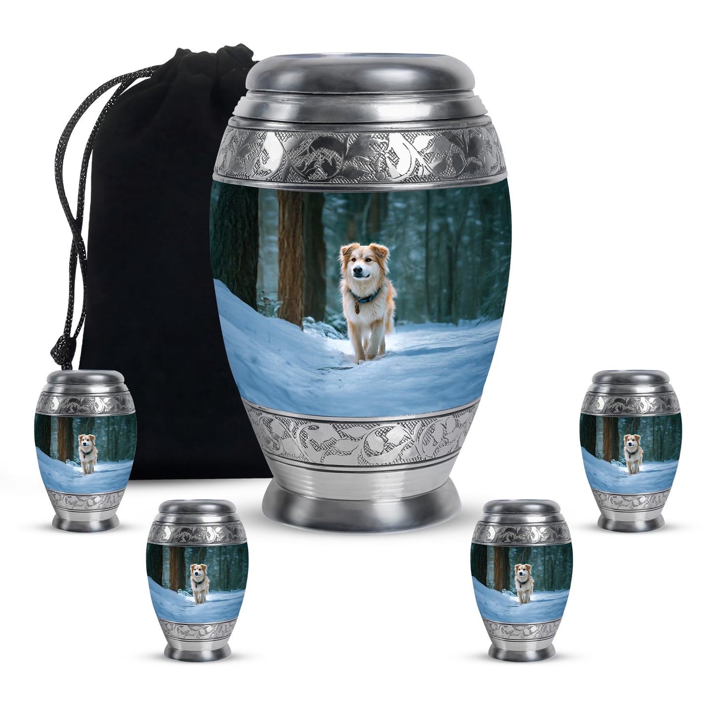Soft Teal Dog Cremation Urn detail view - ornate monarch-style dog relief on brushed aluminum - memorial set with one large and four small urns