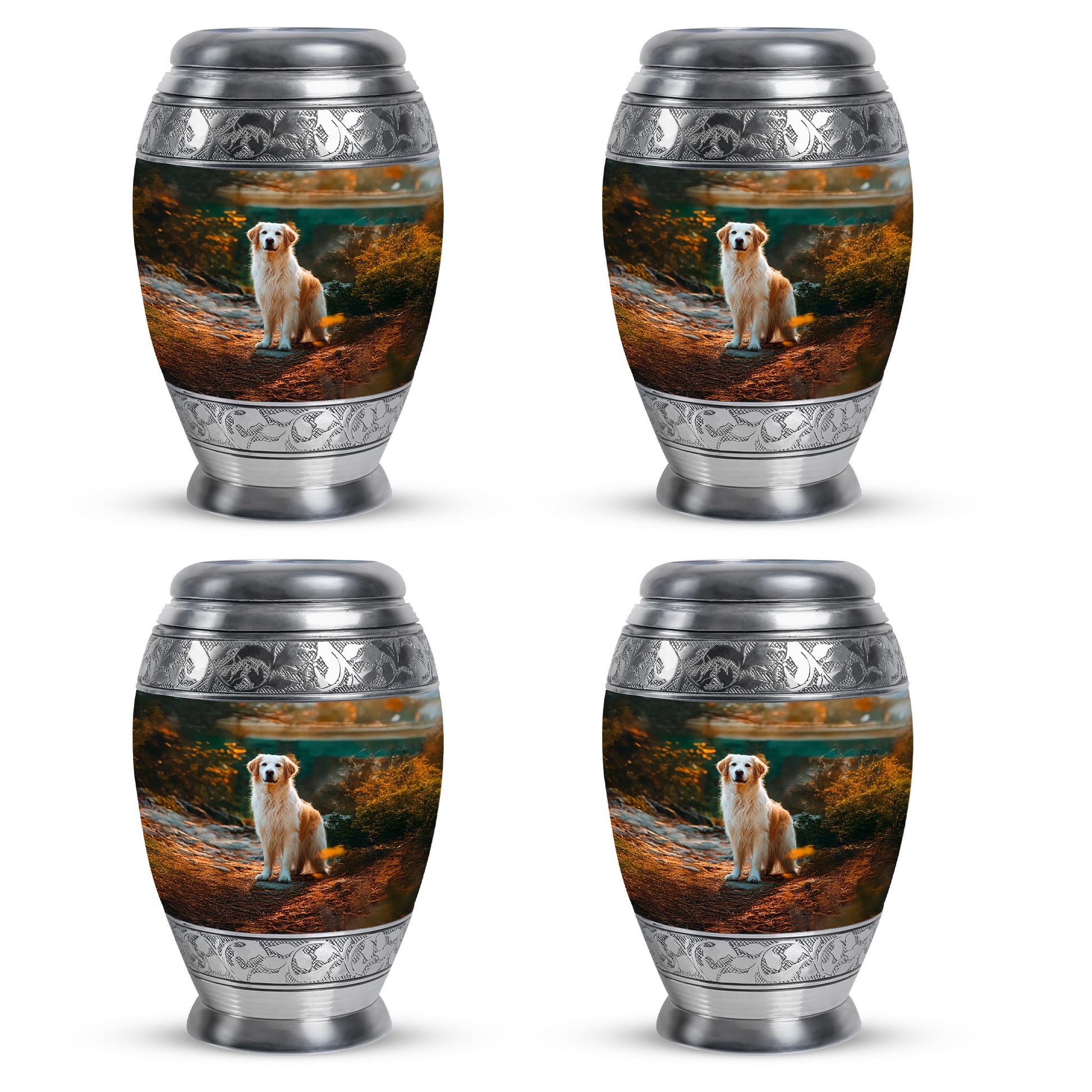 Midnight Black Dog Cremation Urn urn with complimentary velvet bag - majestic dog pattern with filigree border - 10 inch aluminum urn for cremated remains