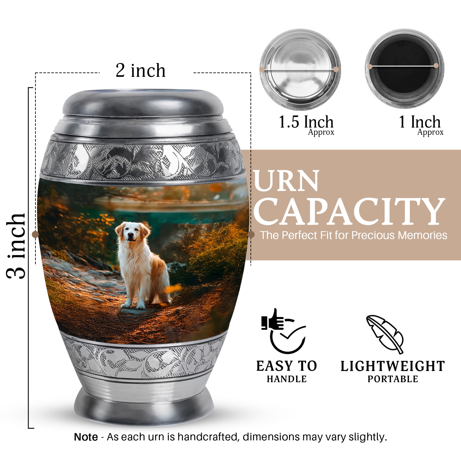 Charcoal Black Dog Cremation Urn lifestyle display on memorial shelf - royal dog engraving with decorative scrollwork - mini keepsake memorial for portion of cremation ashes