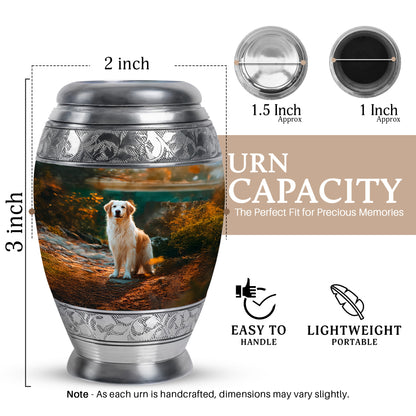 Charcoal Black Dog Cremation Urn lifestyle display on memorial shelf - royal dog engraving with decorative scrollwork - mini keepsake memorial for portion of cremation ashes
