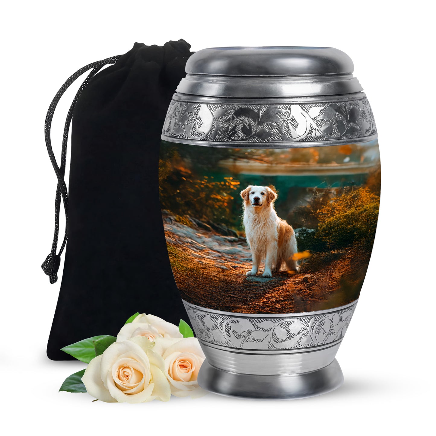 Dark Black Dog Cremation Urn back view with polished surface - royal dog engraving with decorative scrollwork - full-size 10 inch 200 cubic inch adult cremation urn