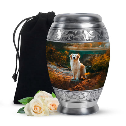 Dark Black Dog Cremation Urn back view with polished surface - royal dog engraving with decorative scrollwork - full-size 10 inch 200 cubic inch adult cremation urn