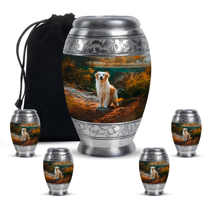 Onyx Black Dog Cremation Urn detail view - majestic dog pattern with filigree border - memorial set with one large and four small urns