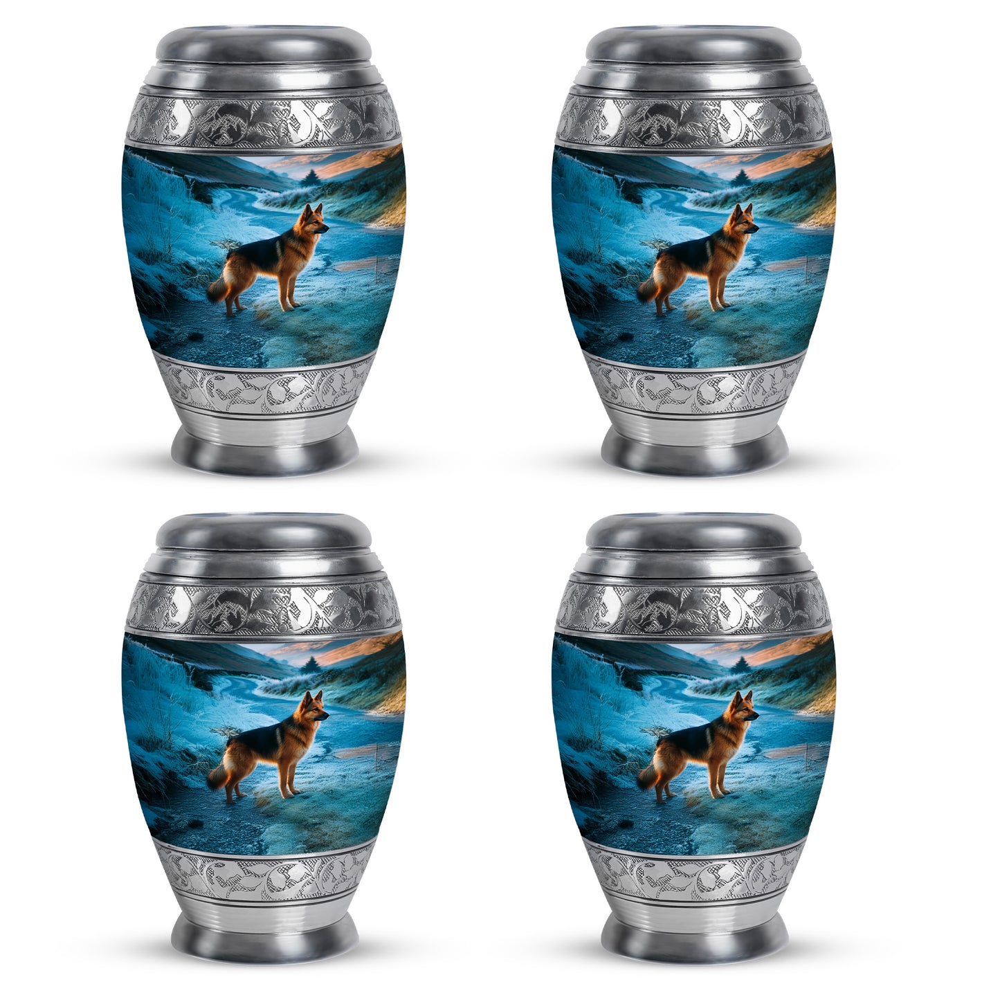 Slate Blue Dog Cremation Urn urn with complimentary velvet bag - ornate monarch-style dog relief on brushed aluminum - 10 inch aluminum urn for cremated remains