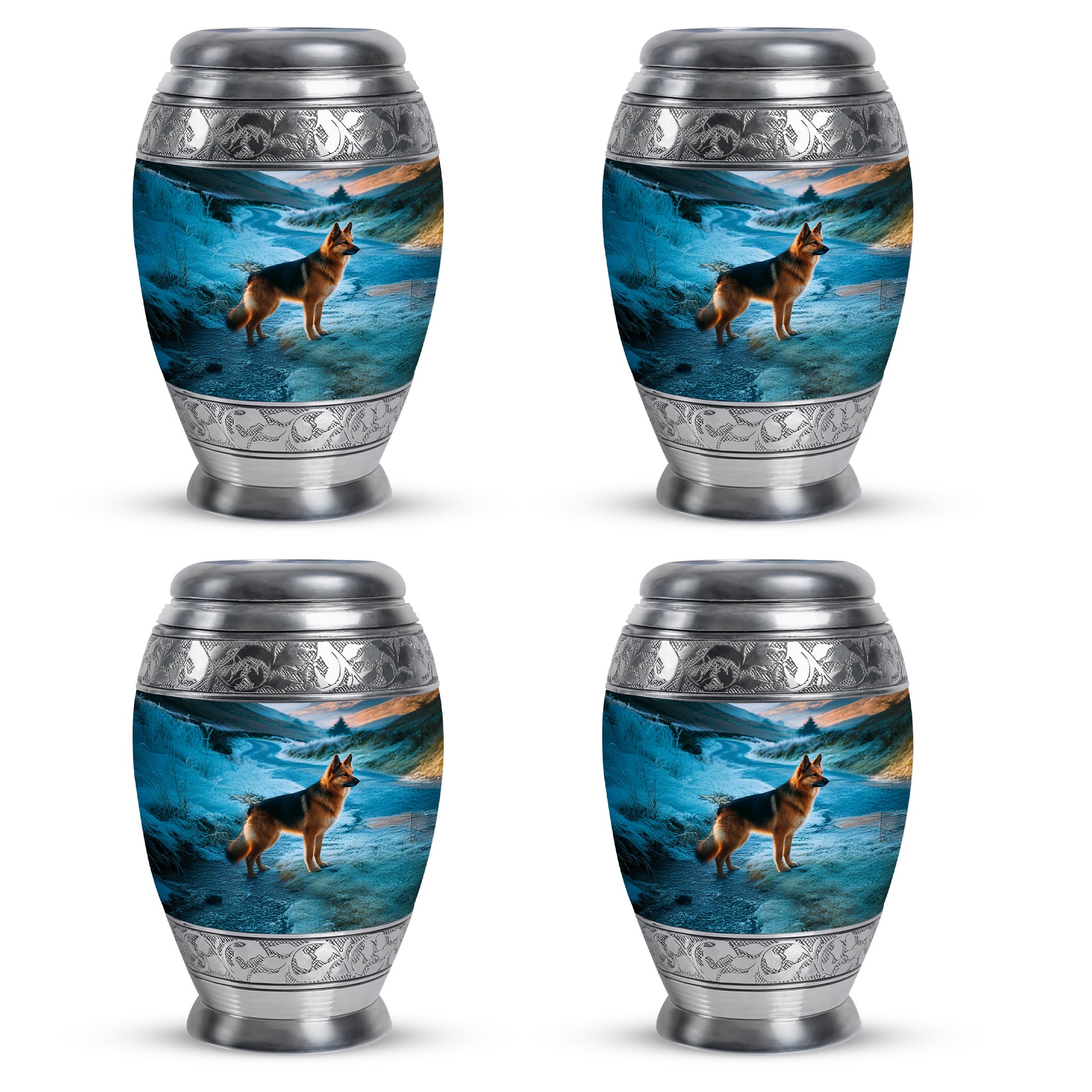 Slate Blue Dog Cremation Urn urn with complimentary velvet bag - ornate monarch-style dog relief on brushed aluminum - 10 inch aluminum urn for cremated remains