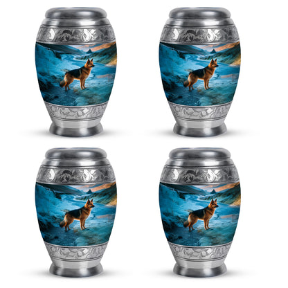 Slate Blue Dog Cremation Urn urn with complimentary velvet bag - ornate monarch-style dog relief on brushed aluminum - 10 inch aluminum urn for cremated remains