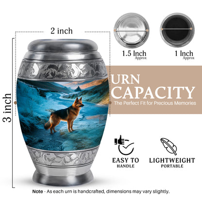Royal Blue Dog Cremation Urn lifestyle display on memorial shelf - royal dog engraving with decorative scrollwork - mini keepsake memorial for portion of cremation ashes