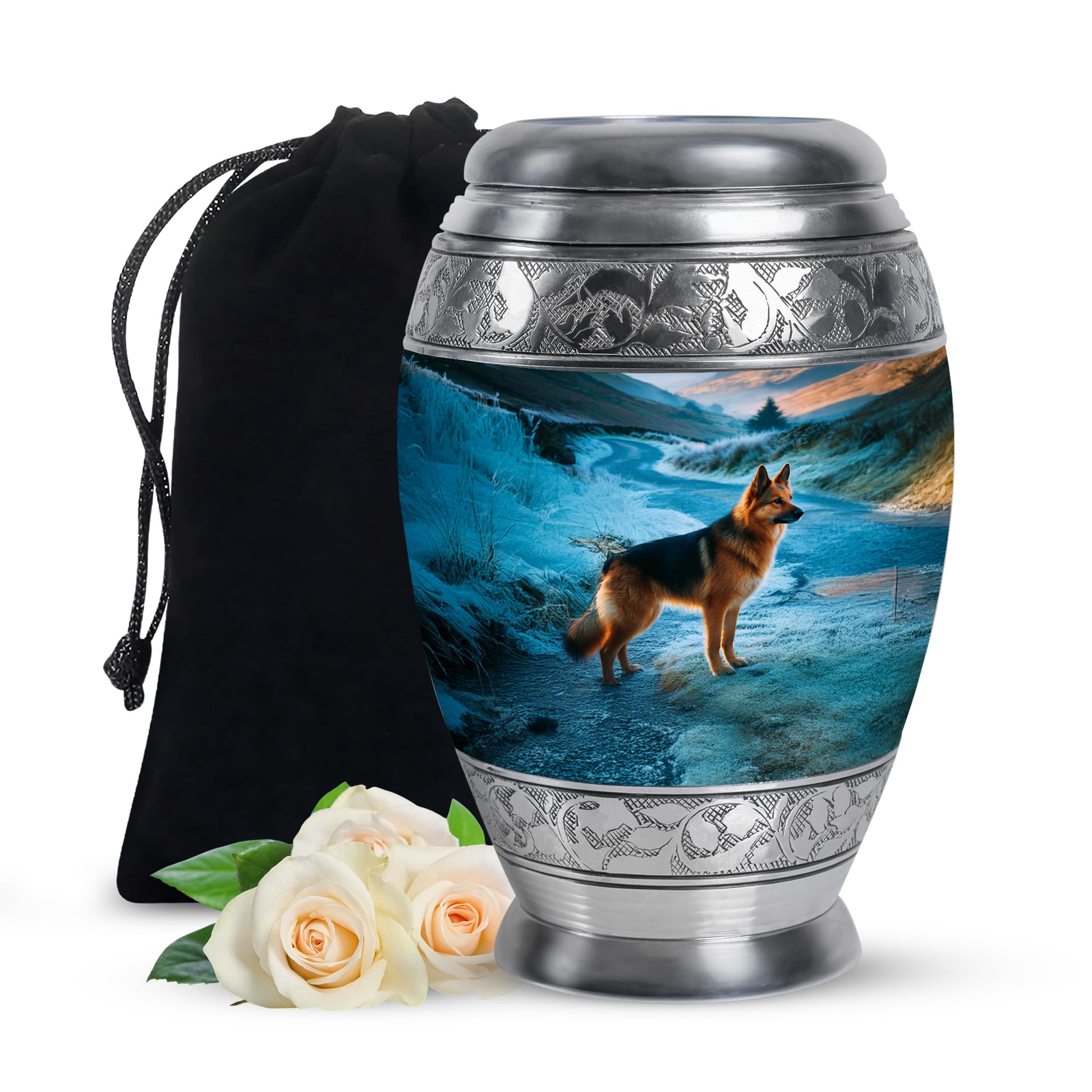 Misty Blue Dog Cremation Urn back view with polished surface - ornate monarch-style dog relief on brushed aluminum - full-size 10 inch 200 cubic inch adult cremation urn