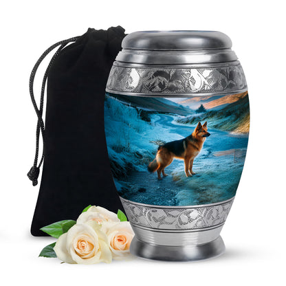 Misty Blue Dog Cremation Urn back view with polished surface - ornate monarch-style dog relief on brushed aluminum - full-size 10 inch 200 cubic inch adult cremation urn