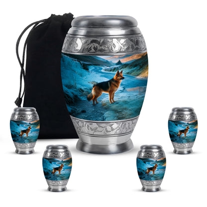 Slate Blue Dog Cremation Urn detail view - regal dog design with crown-inspired accents - memorial set with one large and four small urns