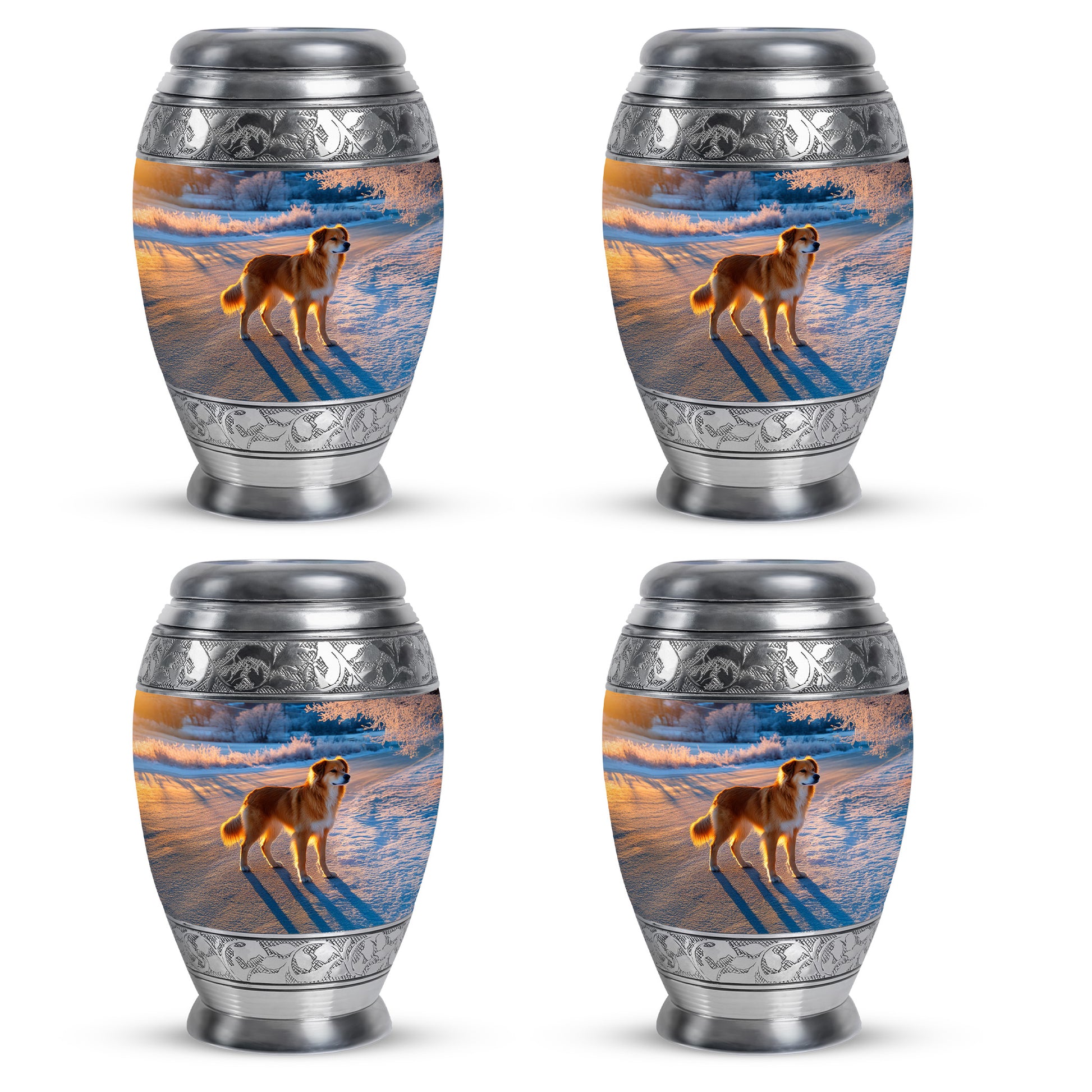 Powder Blue Dog Cremation Urn urn with complimentary velvet bag - regal dog design with crown-inspired accents - 10 inch aluminum urn for cremated remains