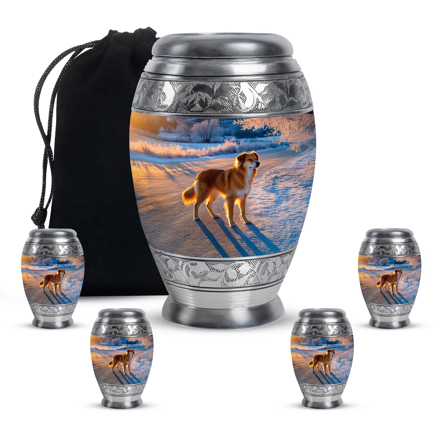 Serene Blue Dog Cremation Urn detail view - majestic dog pattern with filigree border - memorial set with one large and four small urns